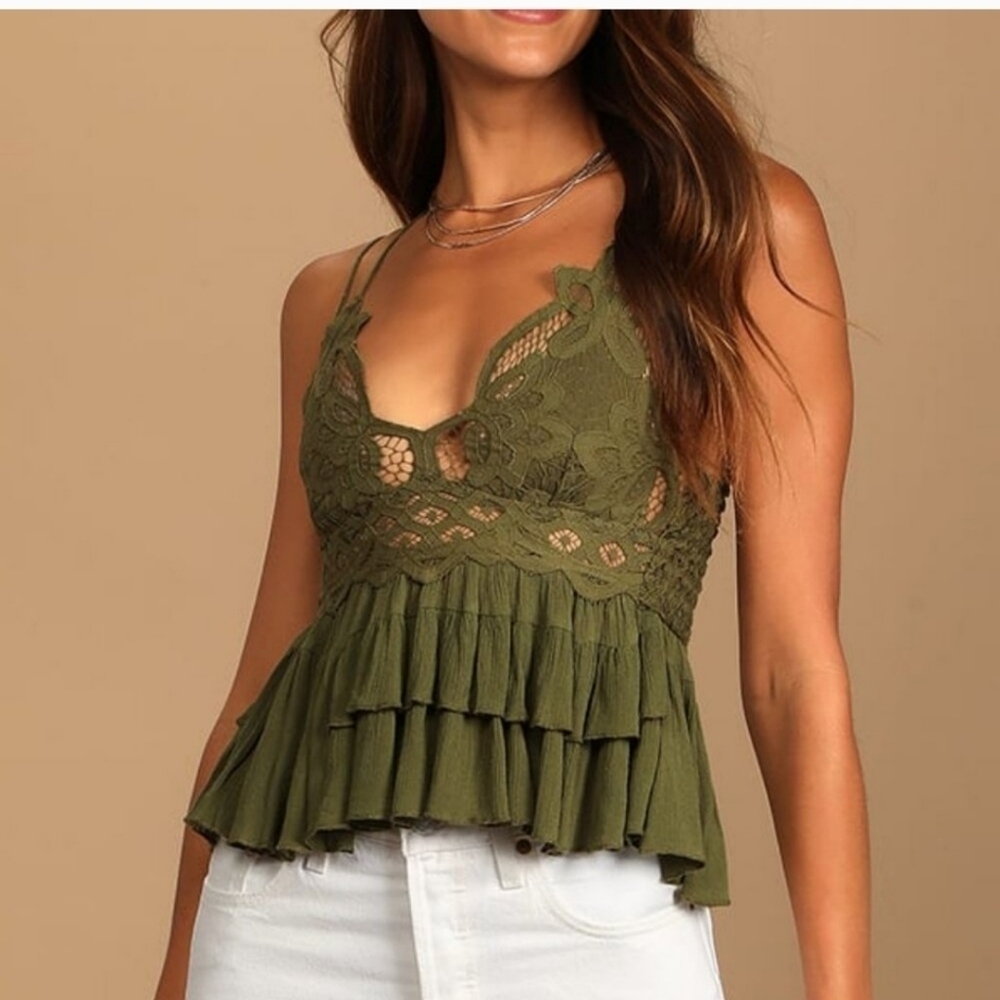 NEW Free People Adella Cami Crochet Lace Top V Neck Olive Sparrow Green